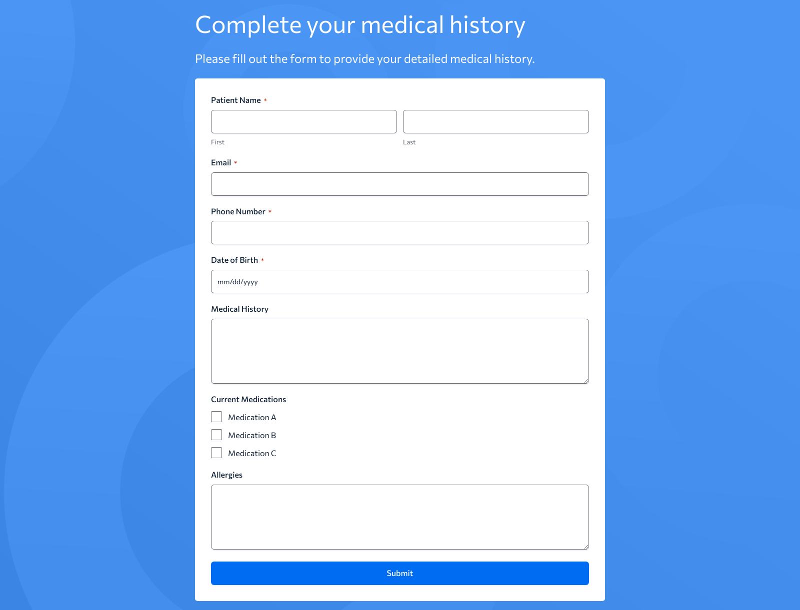 Medical History Form Template with fields for patient information, medical history, and contact details.