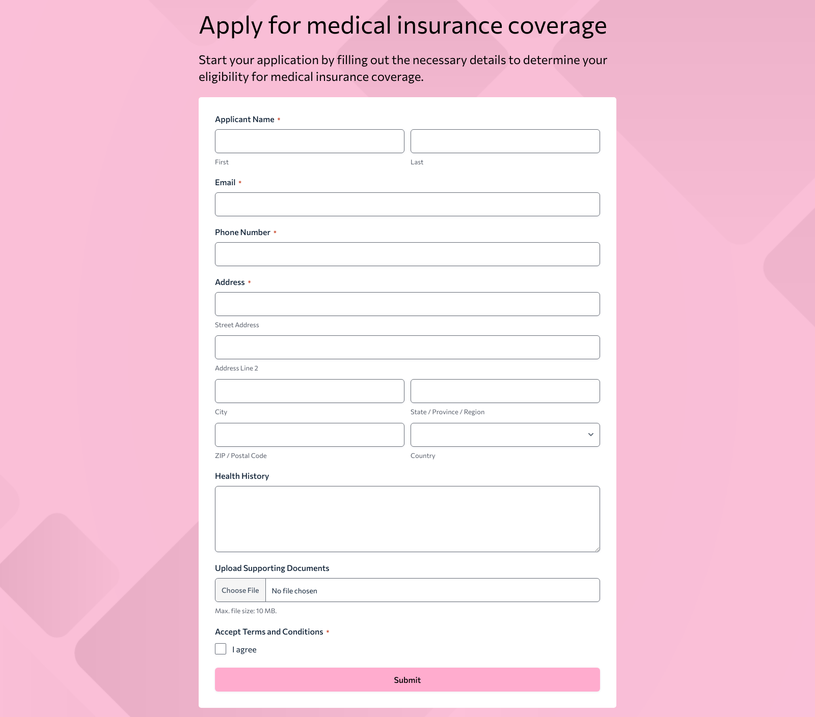 Medical Insurance Application Form Template with fields for personal and health details, buttons for submission.