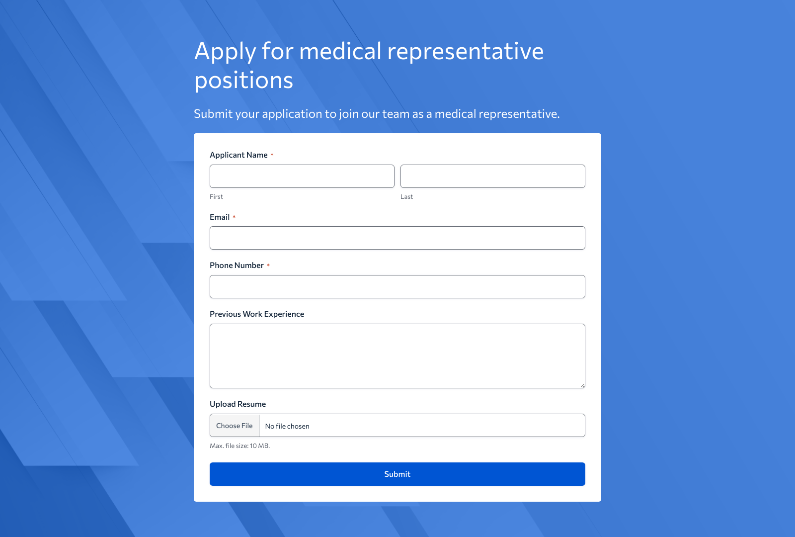 Medical Representative Job Application Form Template showing fields for name, contact, and experience.
