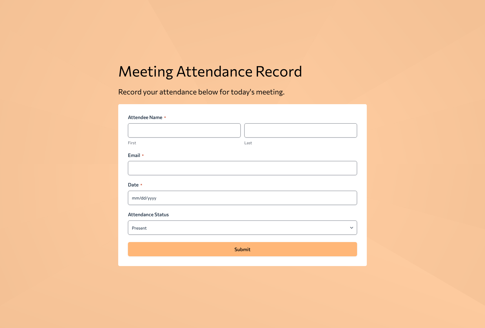 Meeting Attendance Record Form Template showing fields for name, date, and attendance status with sync options.