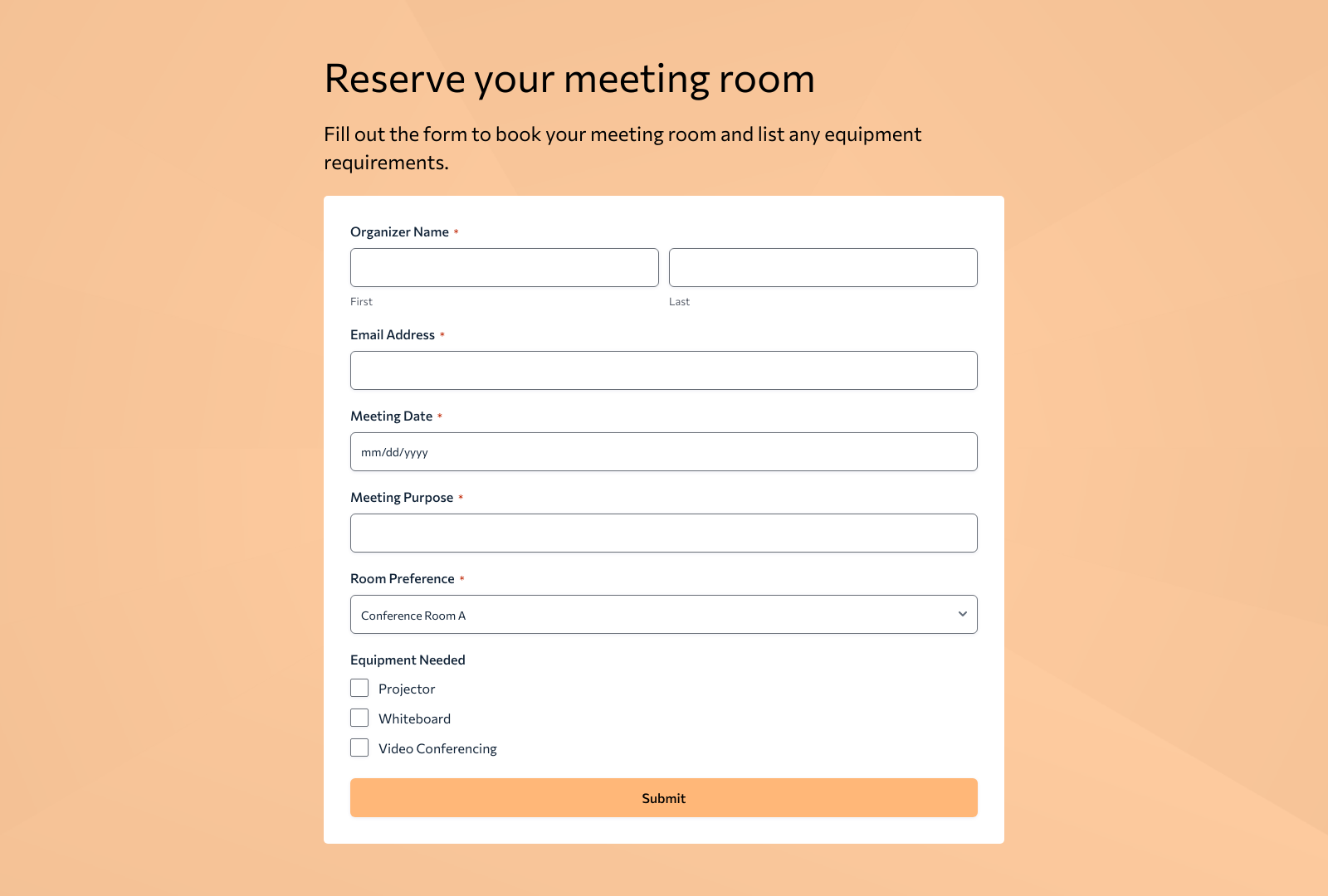 Meeting Booking Form Template with fields for date, time, room, and equipment requests.
