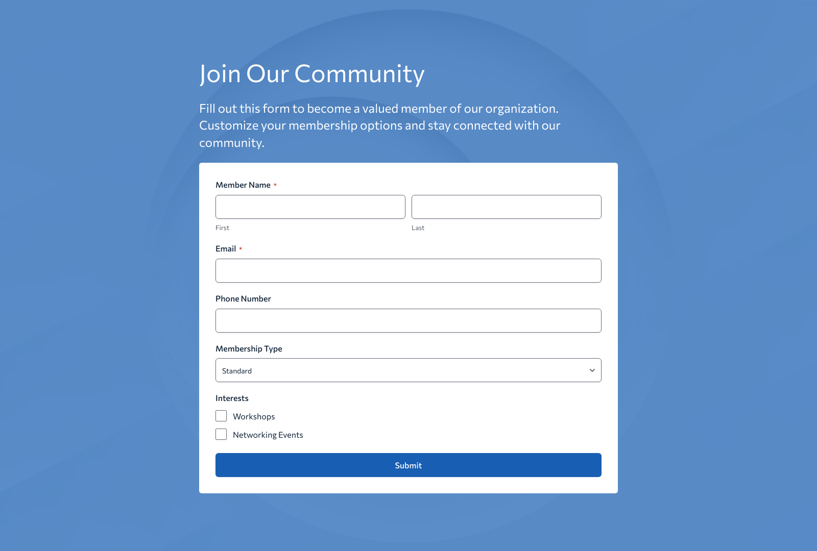 Membership Registration Form Template showing fields for name, email, and membership type with a submit button.