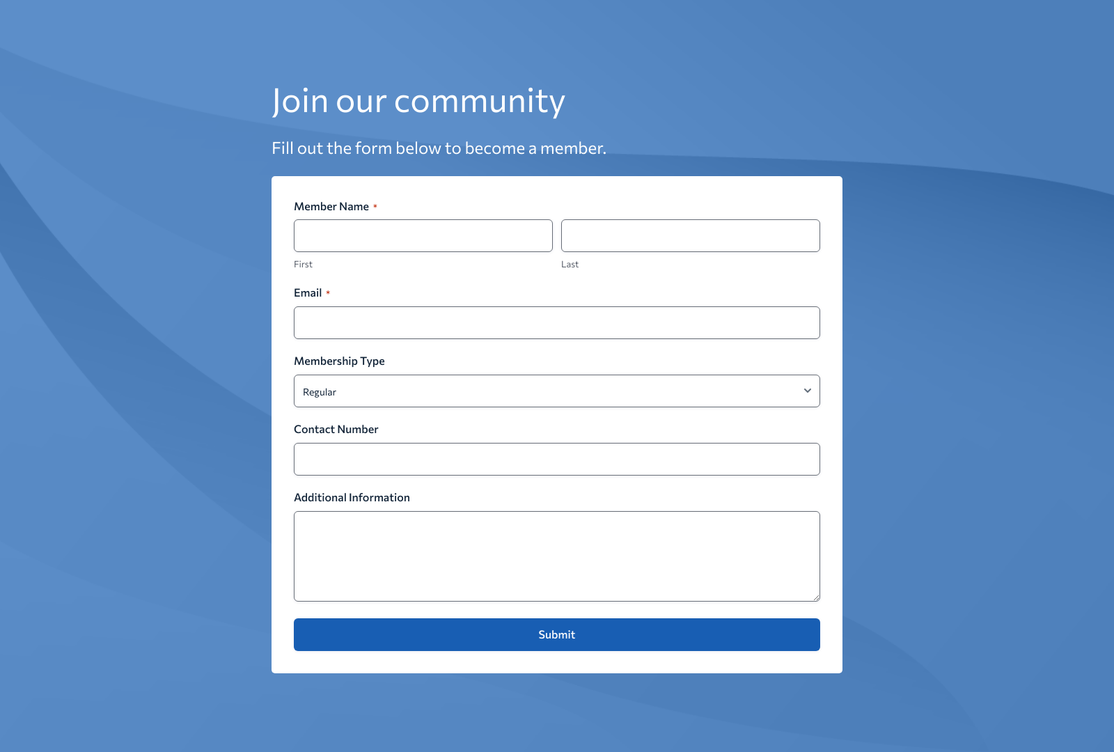 Membership Sign Up Form Template with fields for member details, submit button, and user-friendly layout.