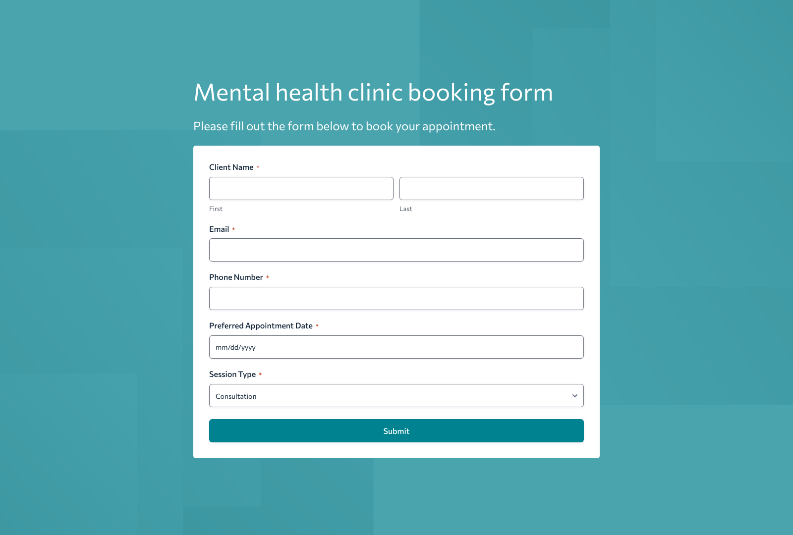 Mental Health Clinic Booking Form Template showing fields for name, appointment date, and submit button.