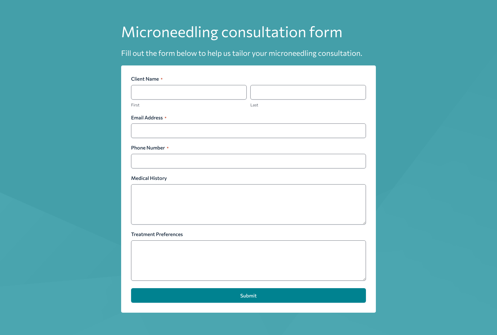 Microneedling Consultation Form Template showing input fields for client details and preferences.