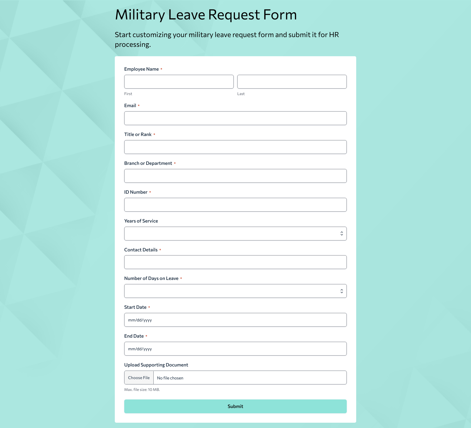 Military Leave Form Template with fields for employee details, leave dates, and HR approval.
