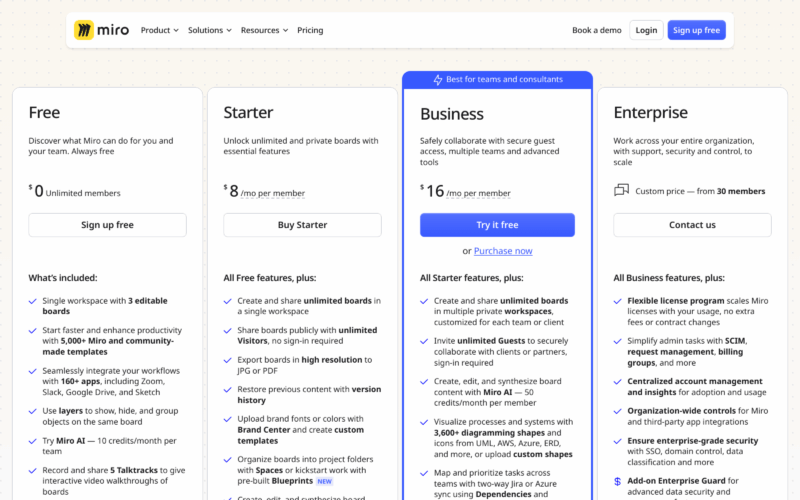 Miro Pricing Landing Page Example