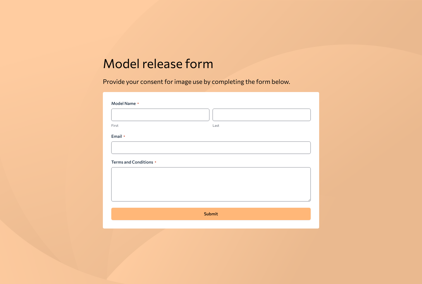 Model Release Form Template showing fields for photographer, model details, and consent buttons.