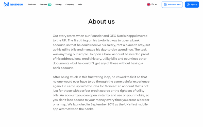 monese about landing page example