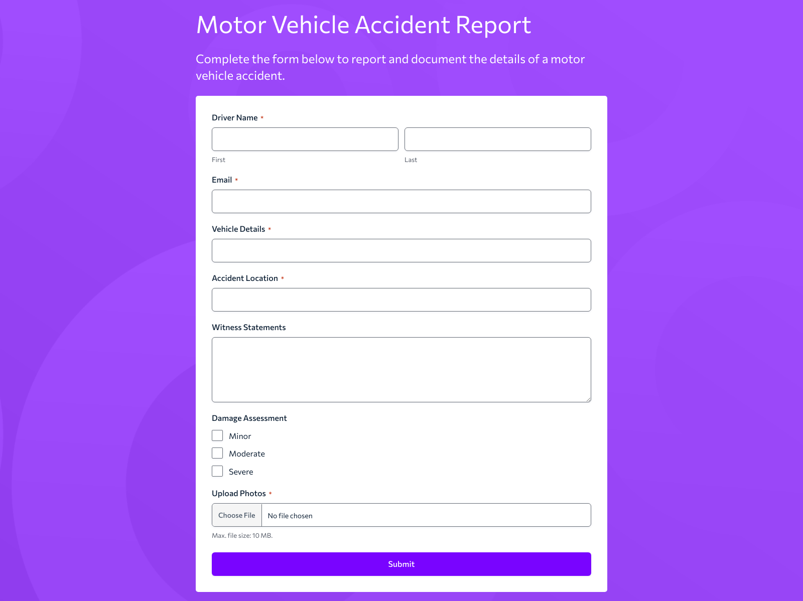 Motor Vehicle Accident Report Form Template with fields for driver details, accident description, and insurance info.