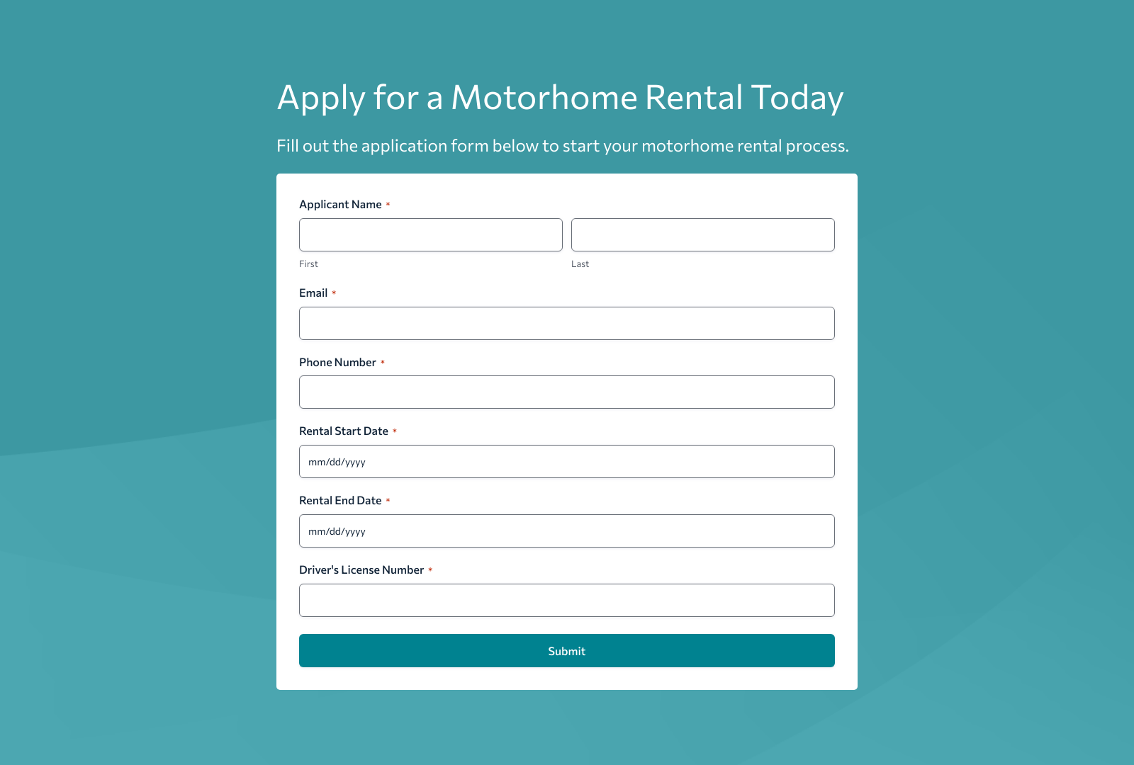 Motorhome Rental Application Form Template with fields for personal info, rental dates, and motorhome preferences.