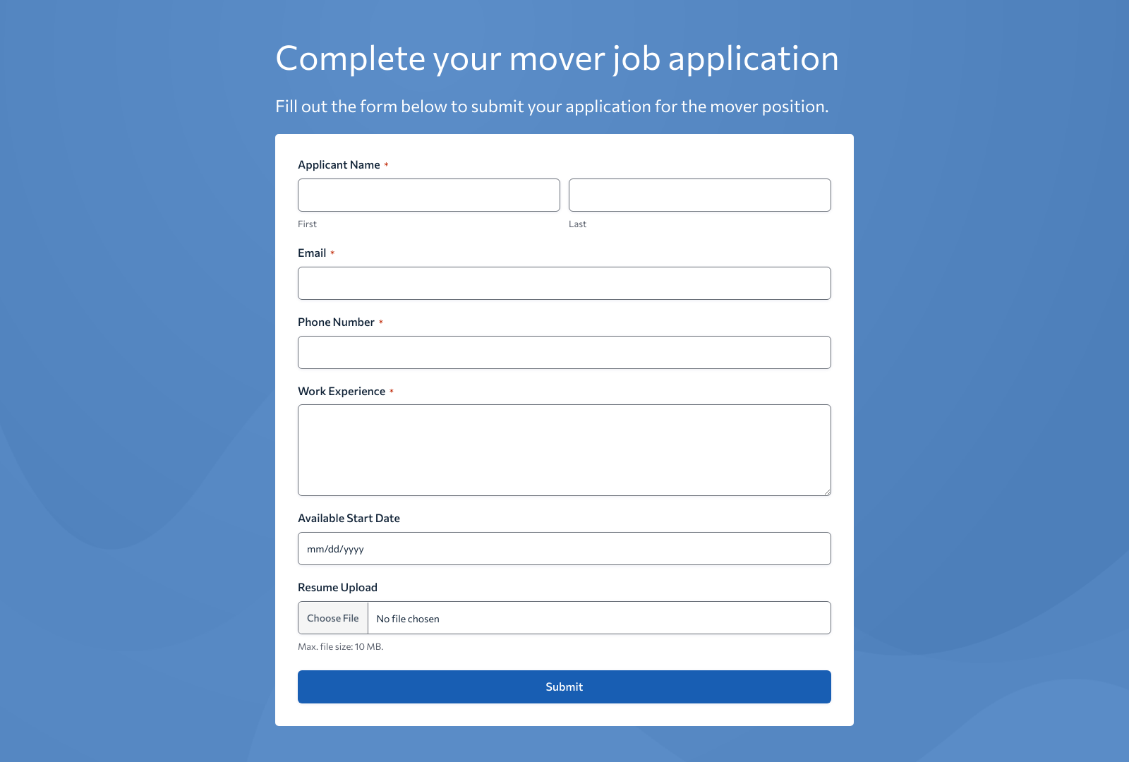 Screenshot of Mover Job Application Form Template with fields for candidate details and submit button.