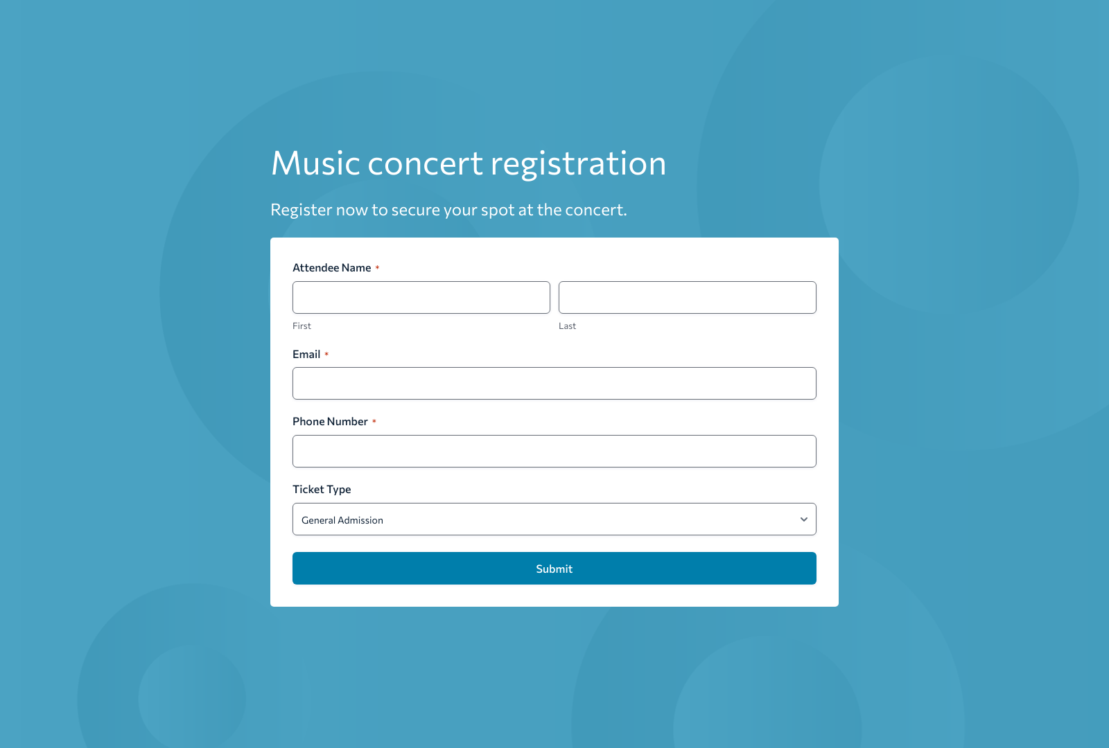 Music Concert Registration Form Template with fields for attendee details and a submit button.