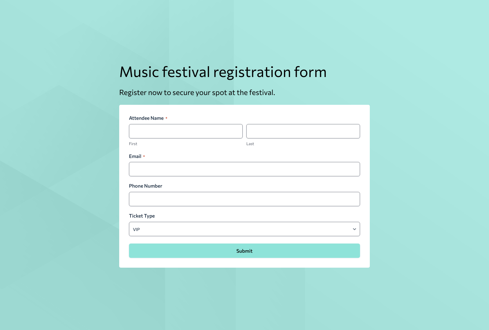 Music Festival Registration Form Template with fields for attendee details and submit button.