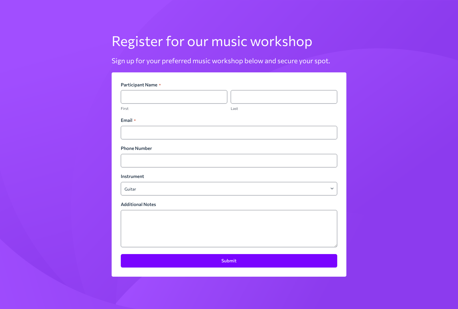 Music Workshop Registration Form Template featuring fields for name, email, and workshop selection.