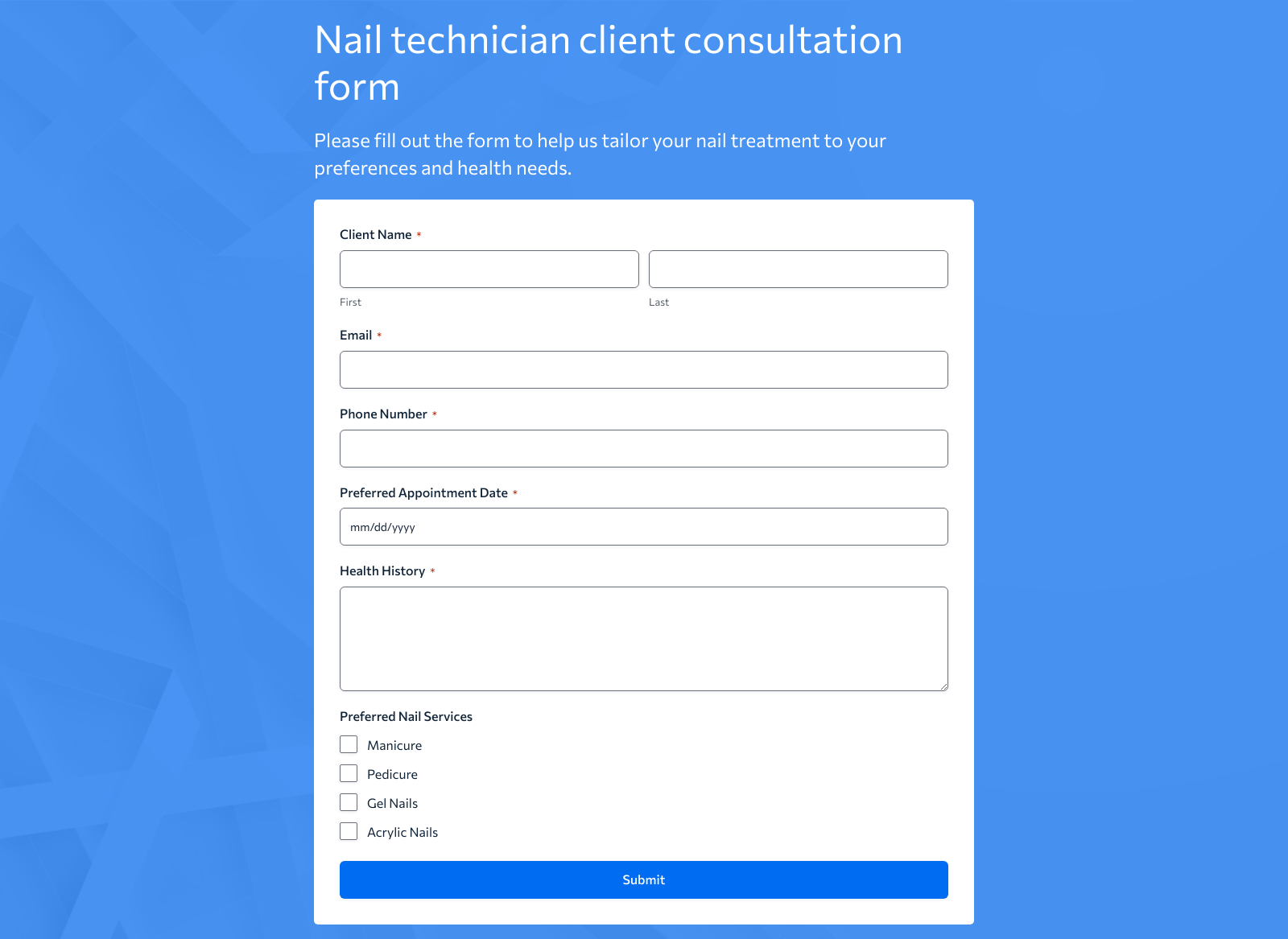 Nail Technician Client Consultation Form Template showing fields for client preferences and health history.