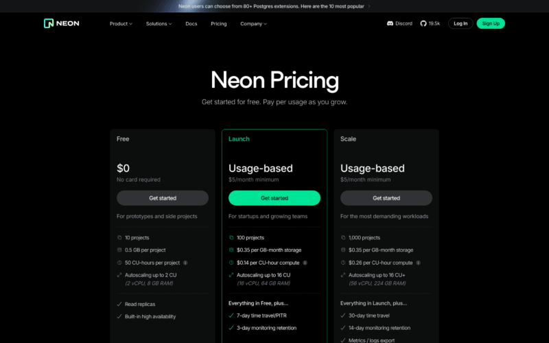 Neon Pricing Landing Page Example