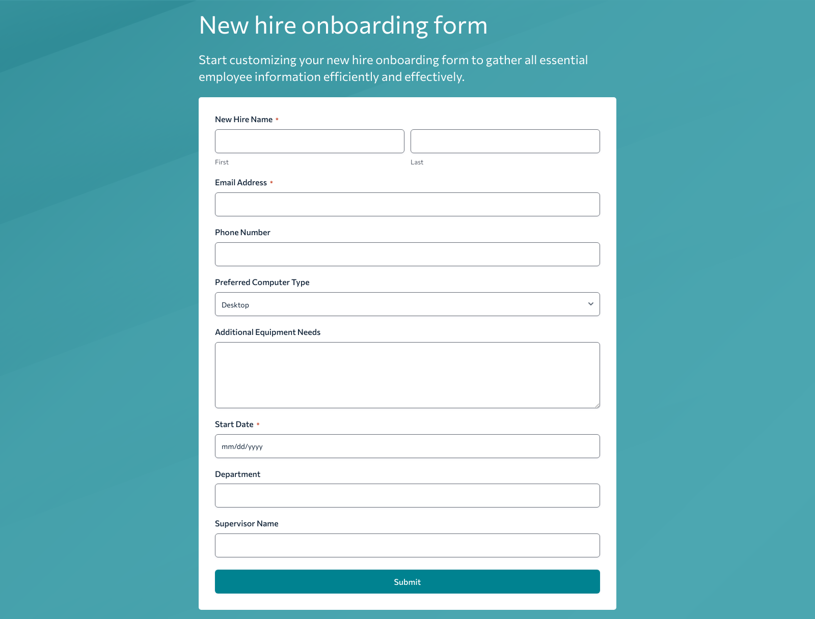 New Hire Onboarding Form Template with fields for personal info, equipment preferences, and orientation details.