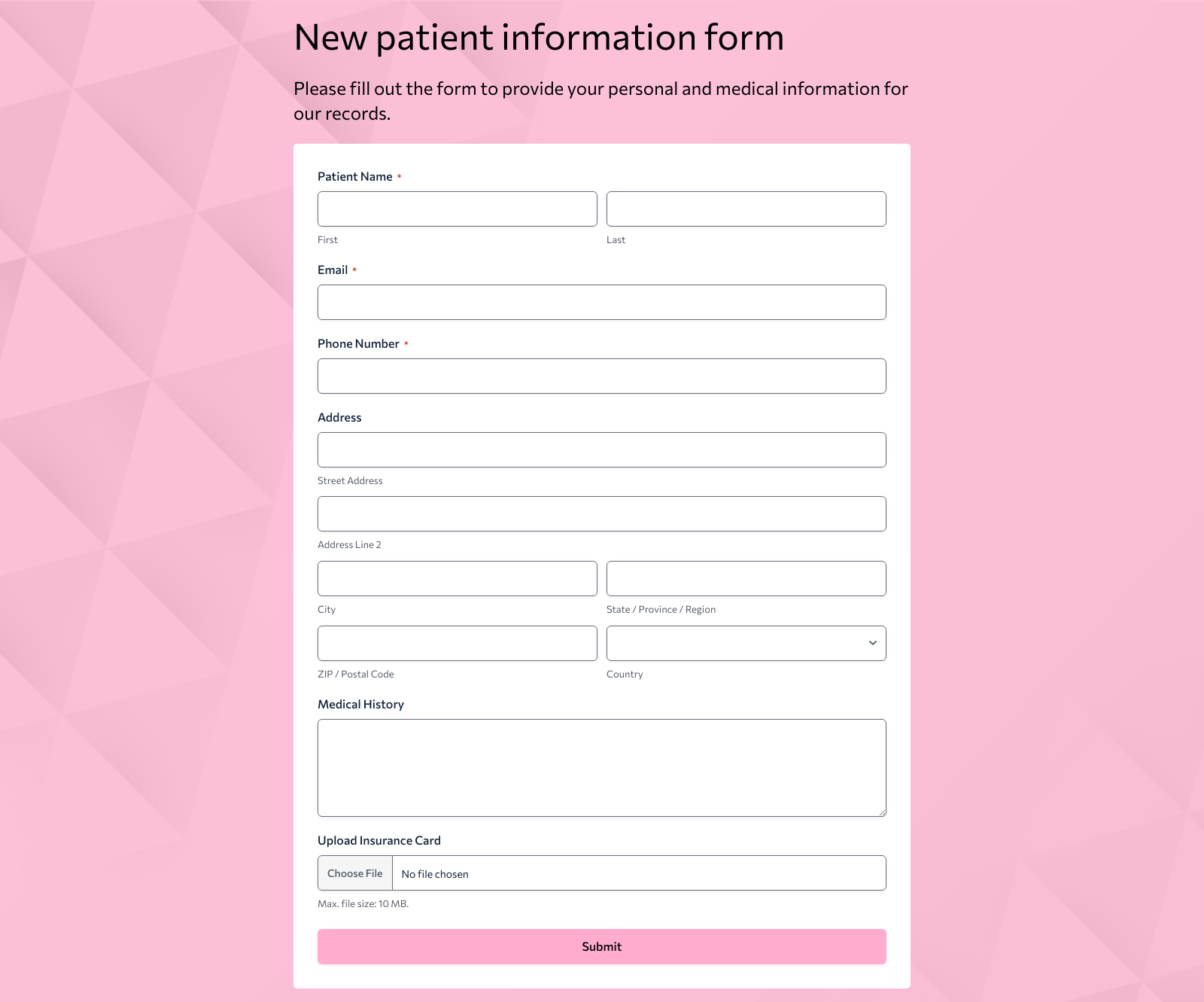 New Patient Form Template with fields for personal info, medical history, and insurance details.
