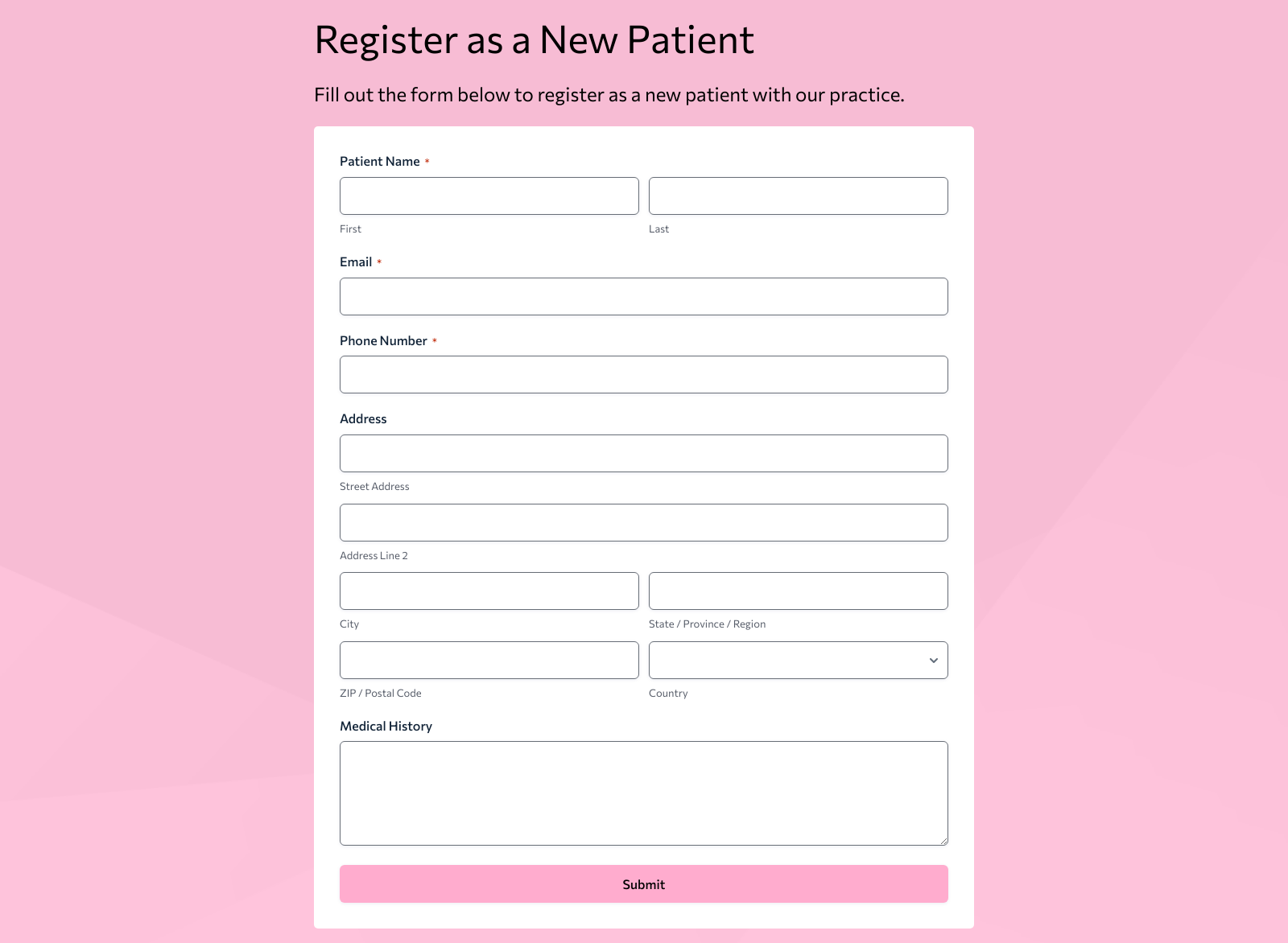 New Patient Registration Form Template with fields for name, contact, and health details.