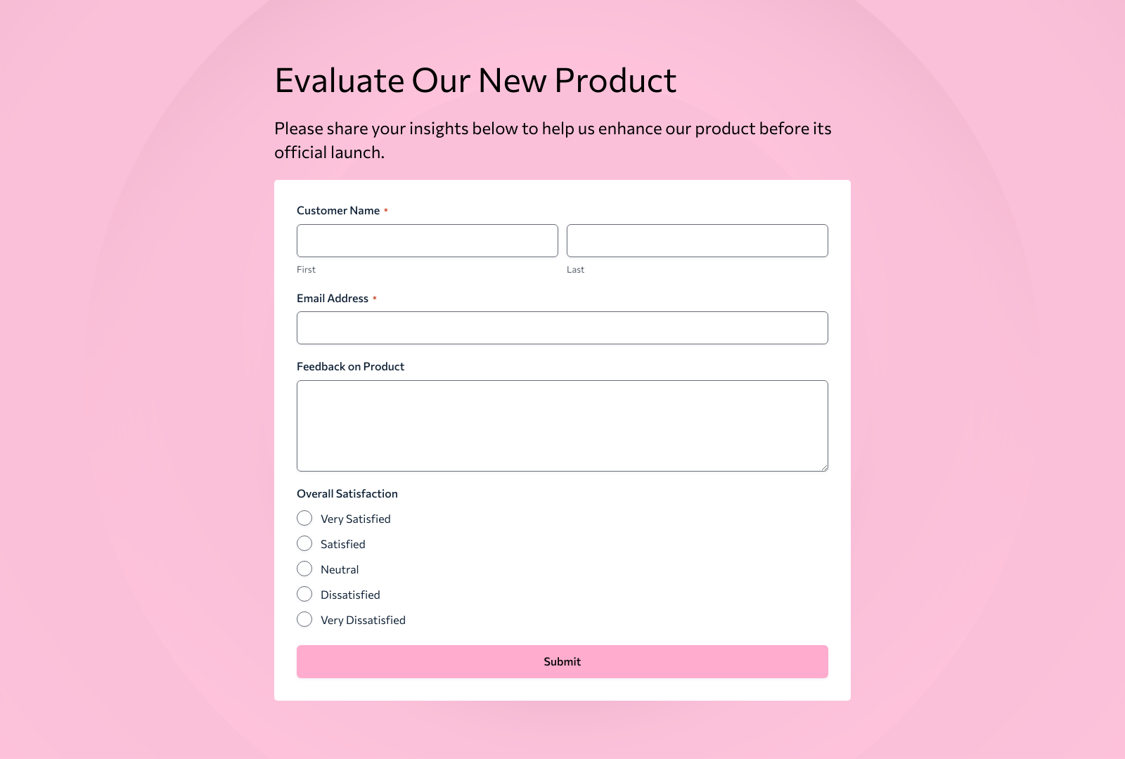 New Product Evaluation Form Template with fields for feedback and buttons for submission.