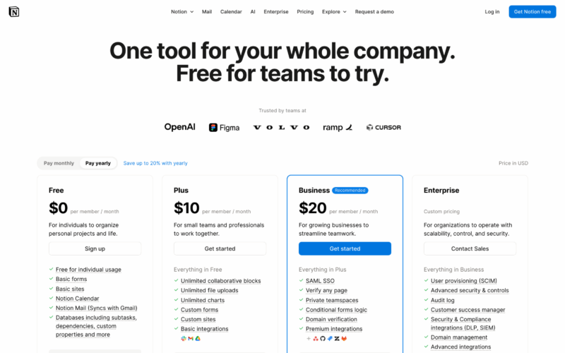 Notion Pricing Landing Page Example