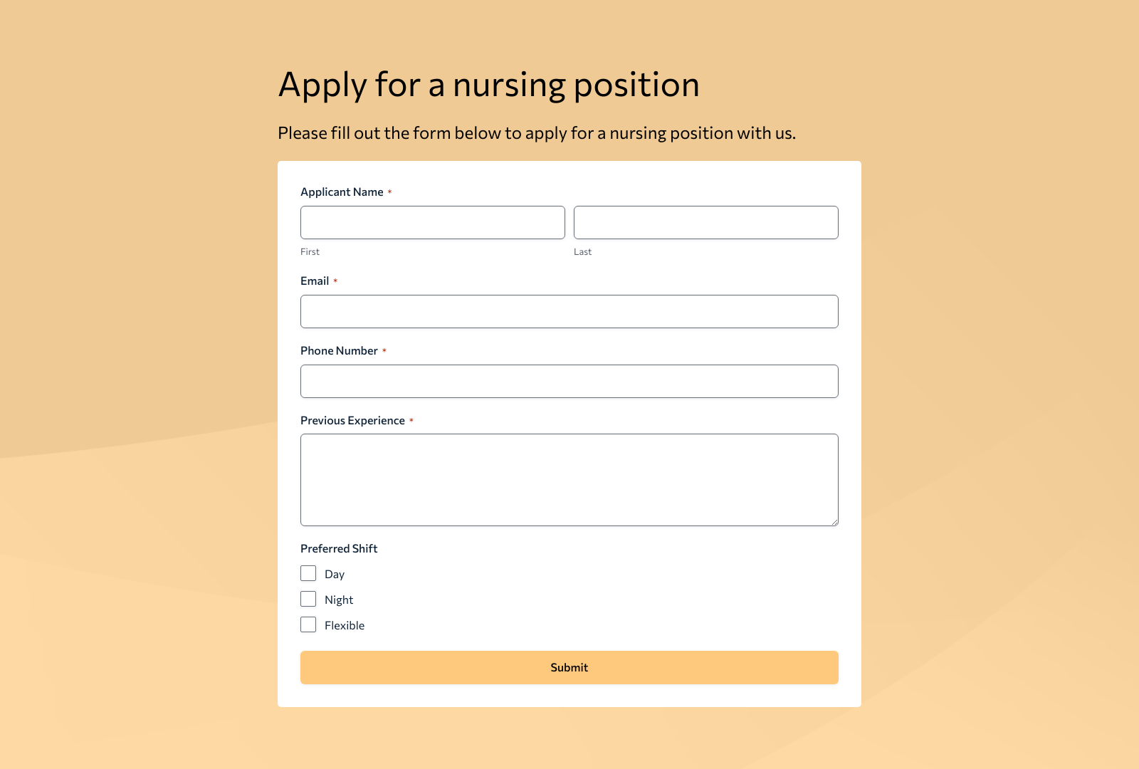 Nursing Job Application Form Template showing fields for candidate data and submit button.