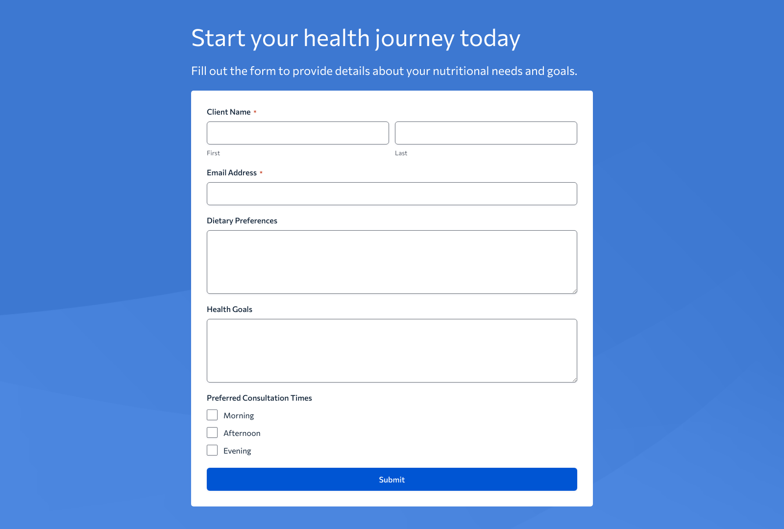 Screenshot of Nutrition Consultation Form Template with fields for client information, preferences, and goals.