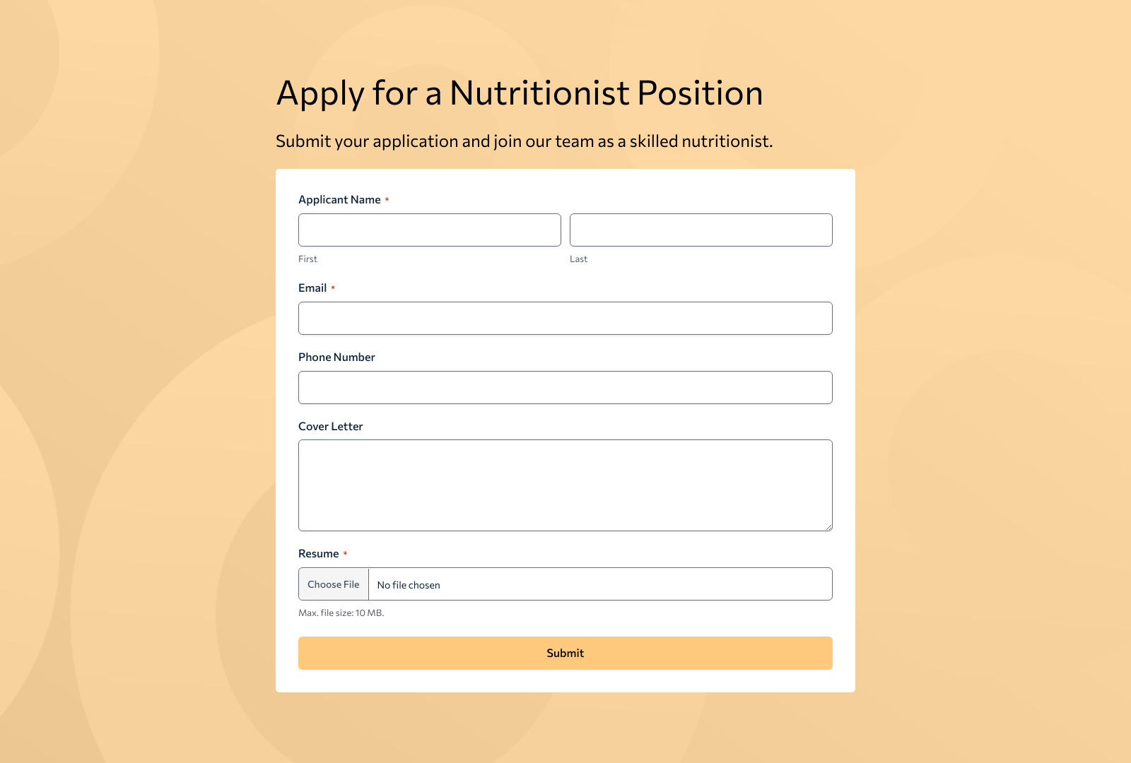 Screenshot of Nutritionist Job Application Form Template with input fields and submit button.