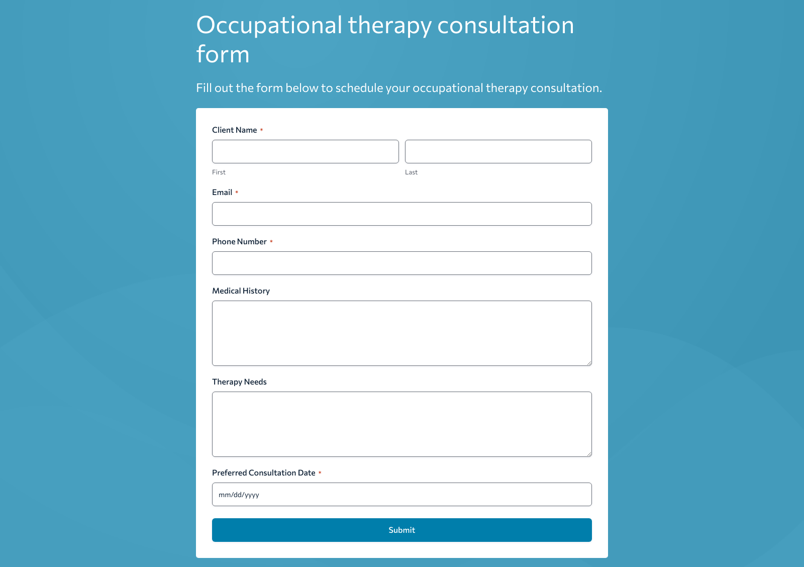 Occupational Therapy Consultation Form Template with fields for client details and consultation info.