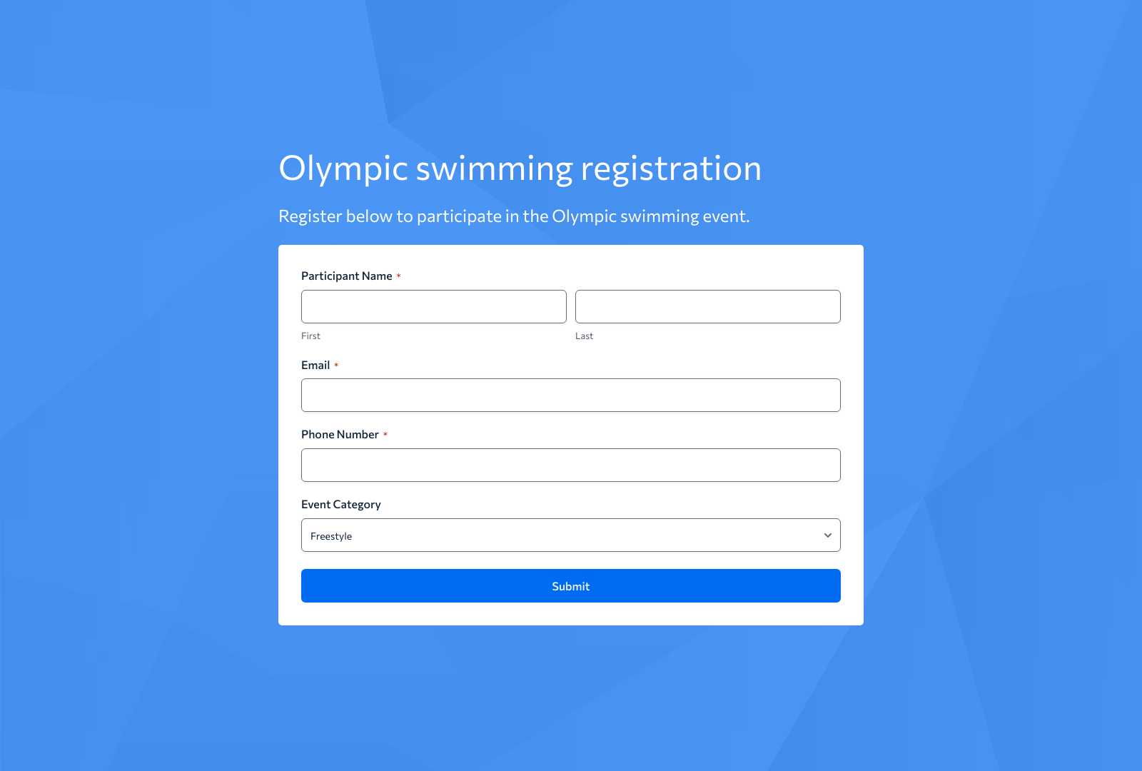 Olympic Swimming Registration Form Template featuring participant fields and sign-up buttons.