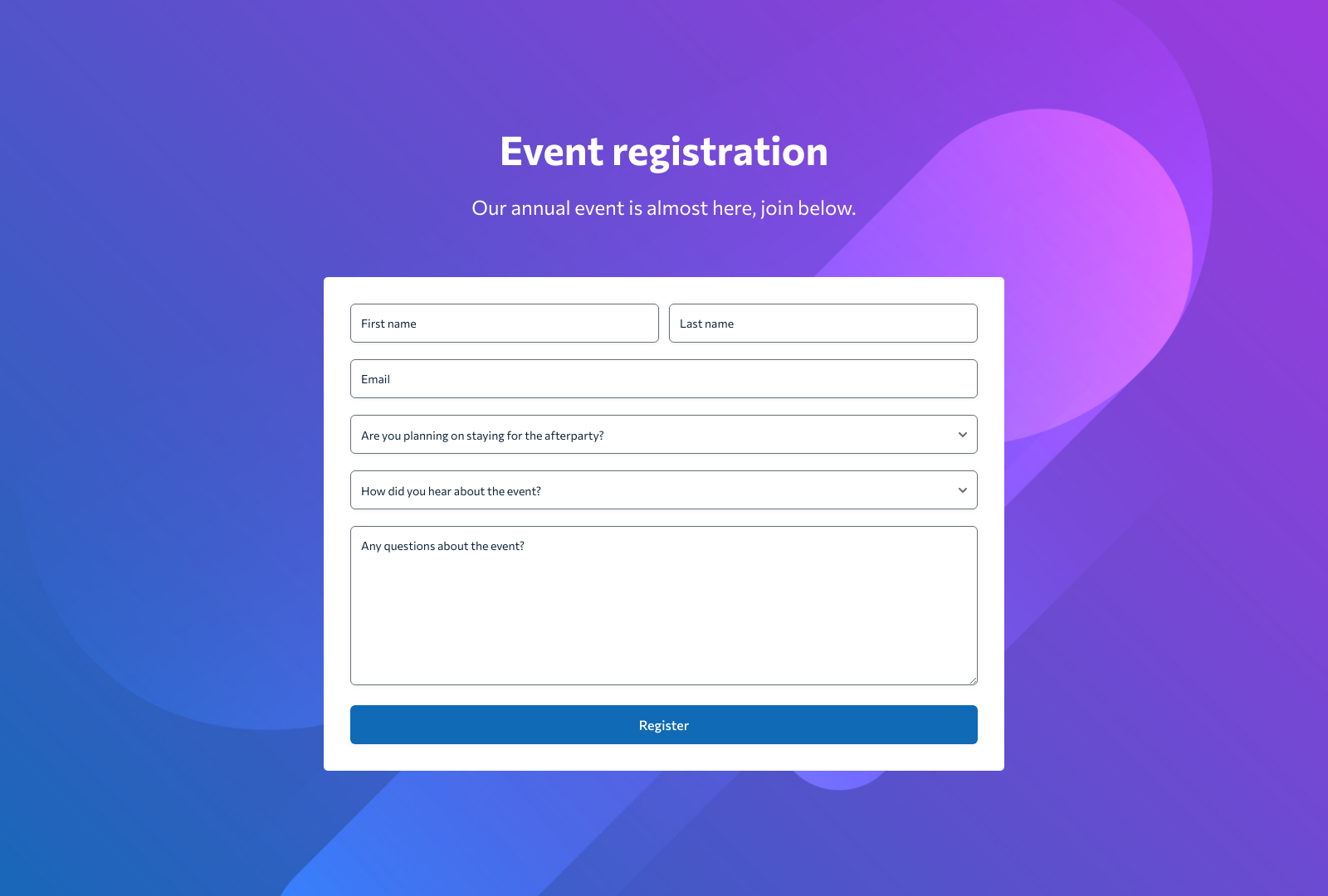 Online Event Registration Form Template with customizable fields and submit button.