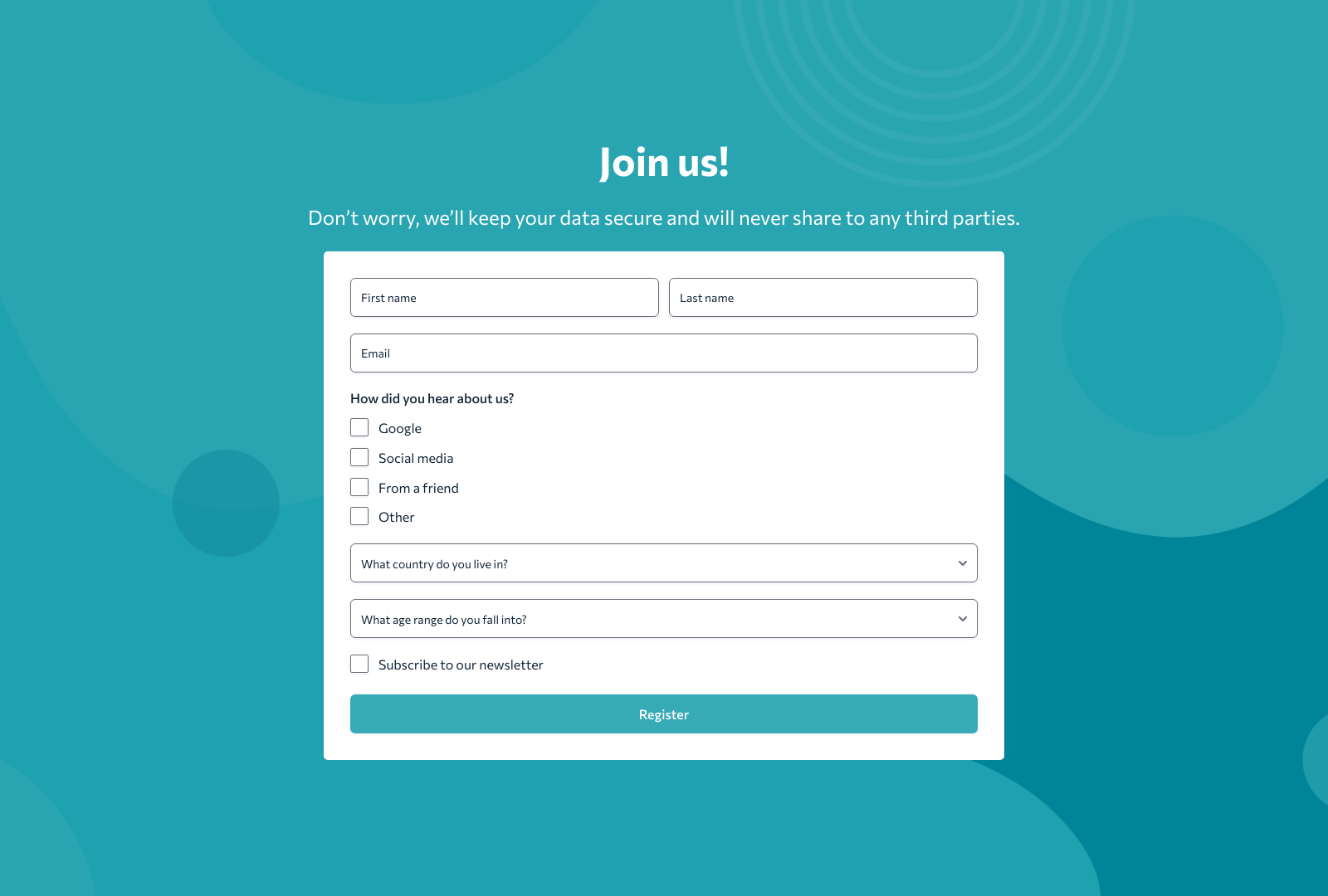 Online Registration Form Template showing fields for name, email, and event selection.