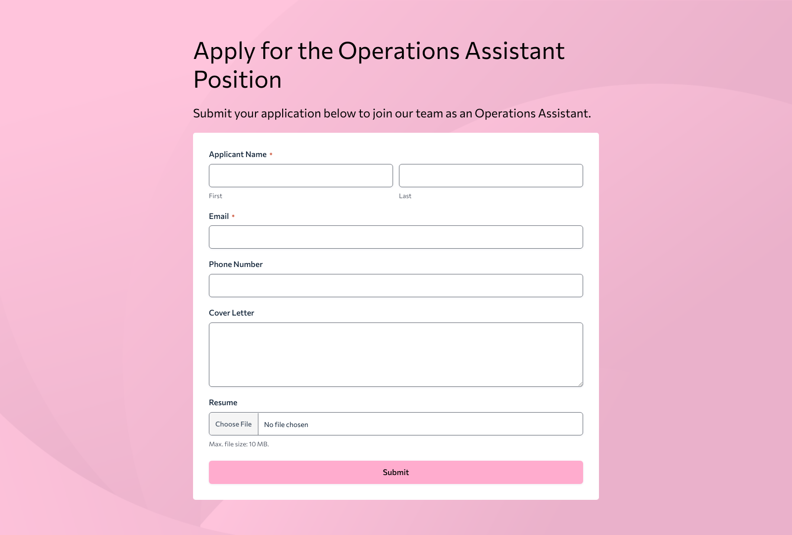 Operations Assistant Job Application Form with fields for name, contact, experience, and submit button.