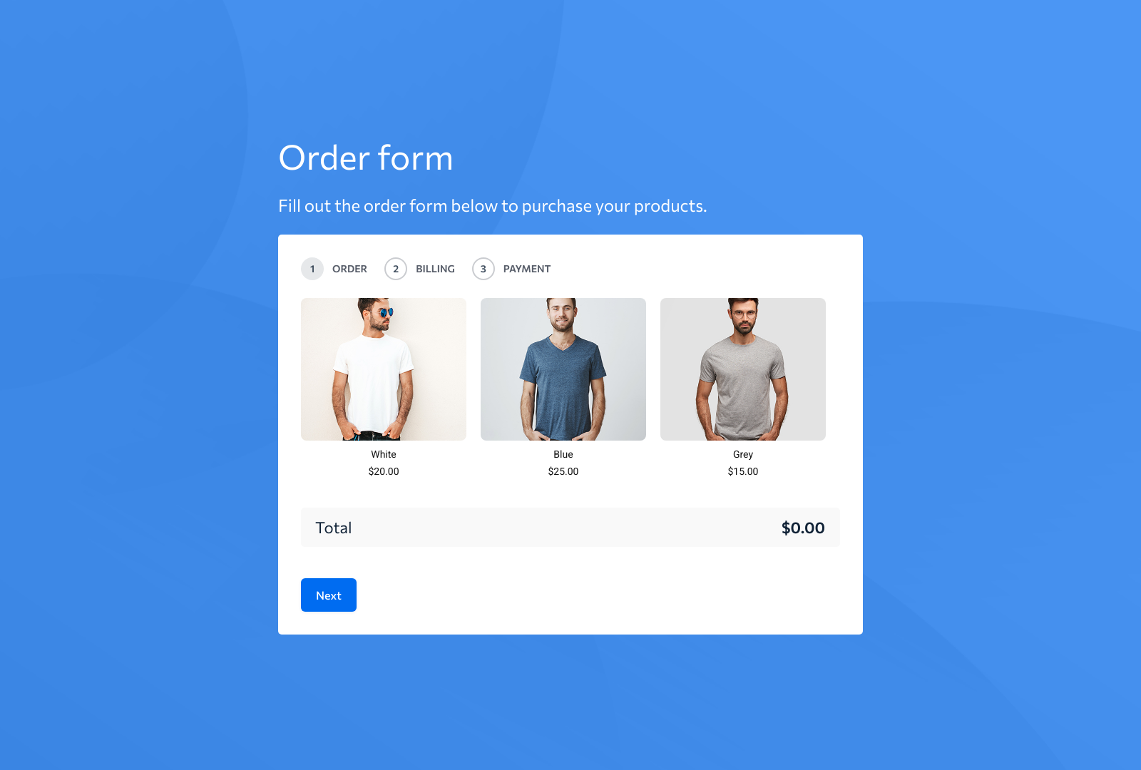 Order Form Template with fields for product details, quantity, and payment options.