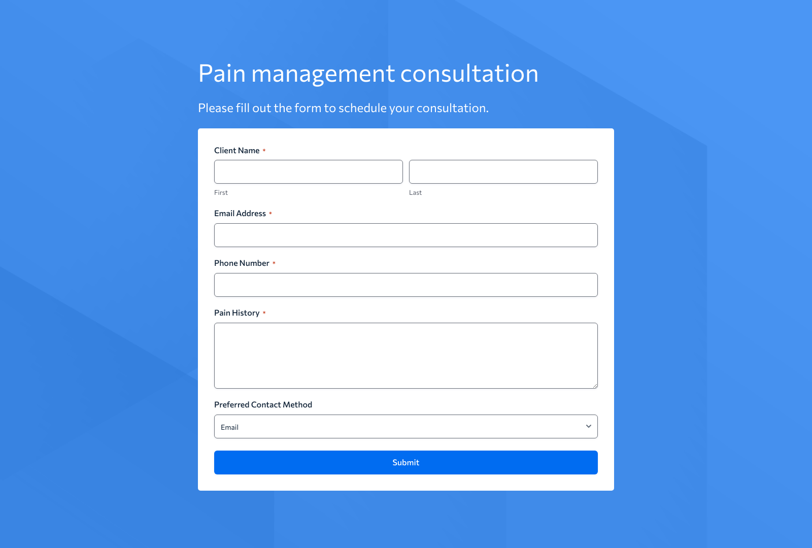 Pain Management Consultation Form Template with fields for client information and buttons for submission.