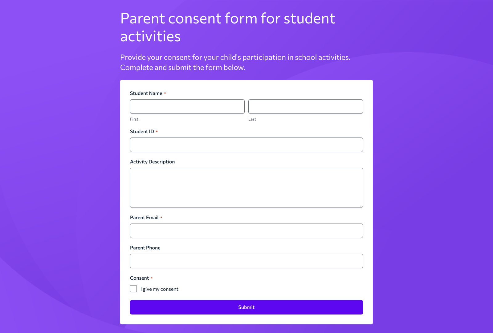 Screenshot of Parent Consent Form Template with fields for student info, parent consent, and submit button.