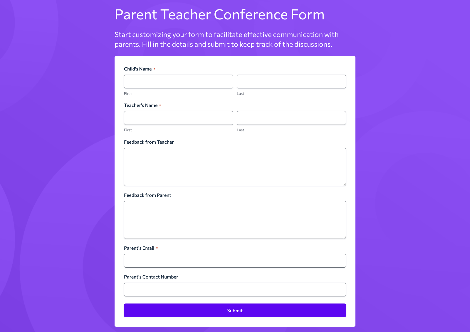 Parent Teacher Conference Form Template with fields for student name, teacher comments, and parent feedback.