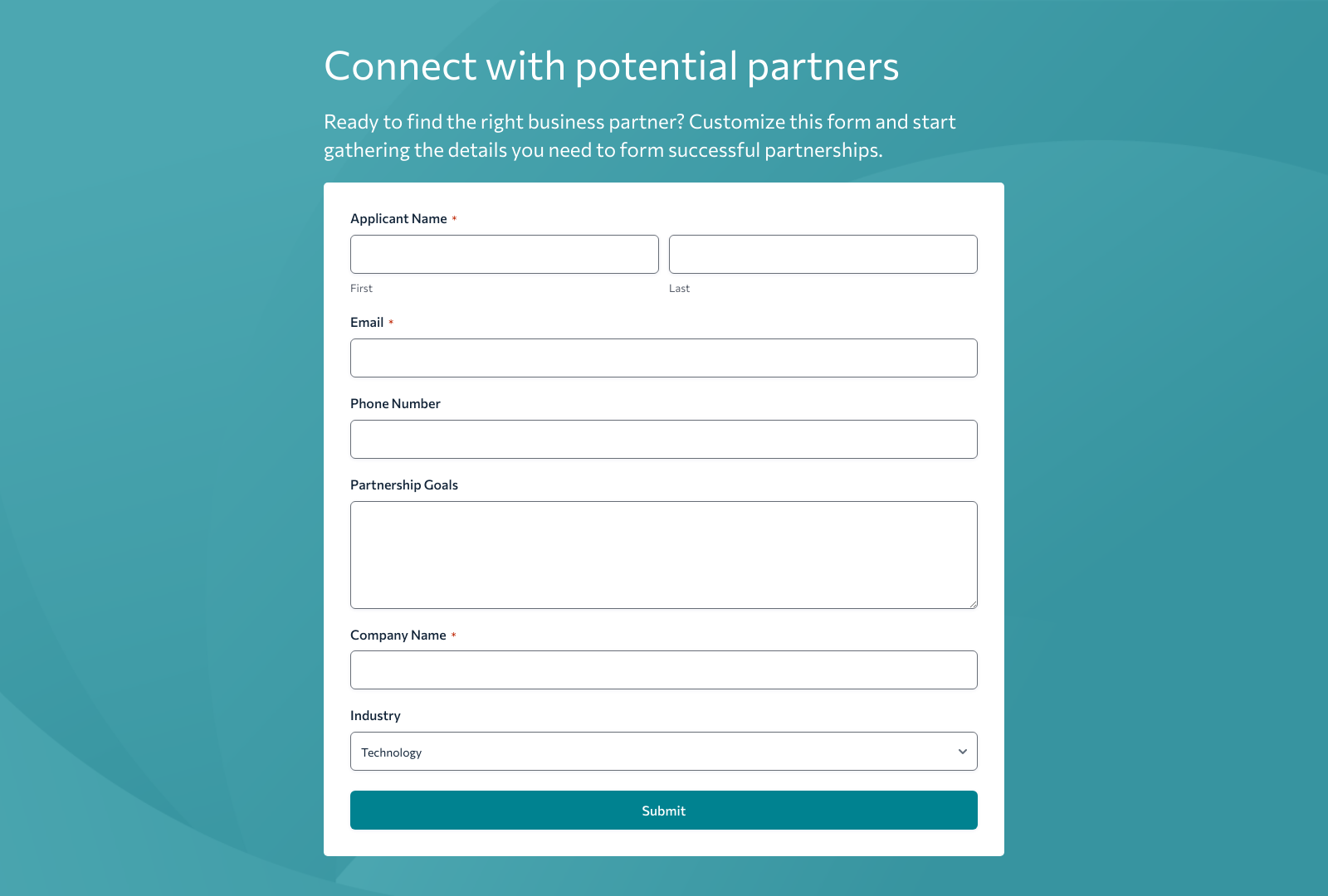Partner Application Form Template with fields for partner details and customizable branding options.