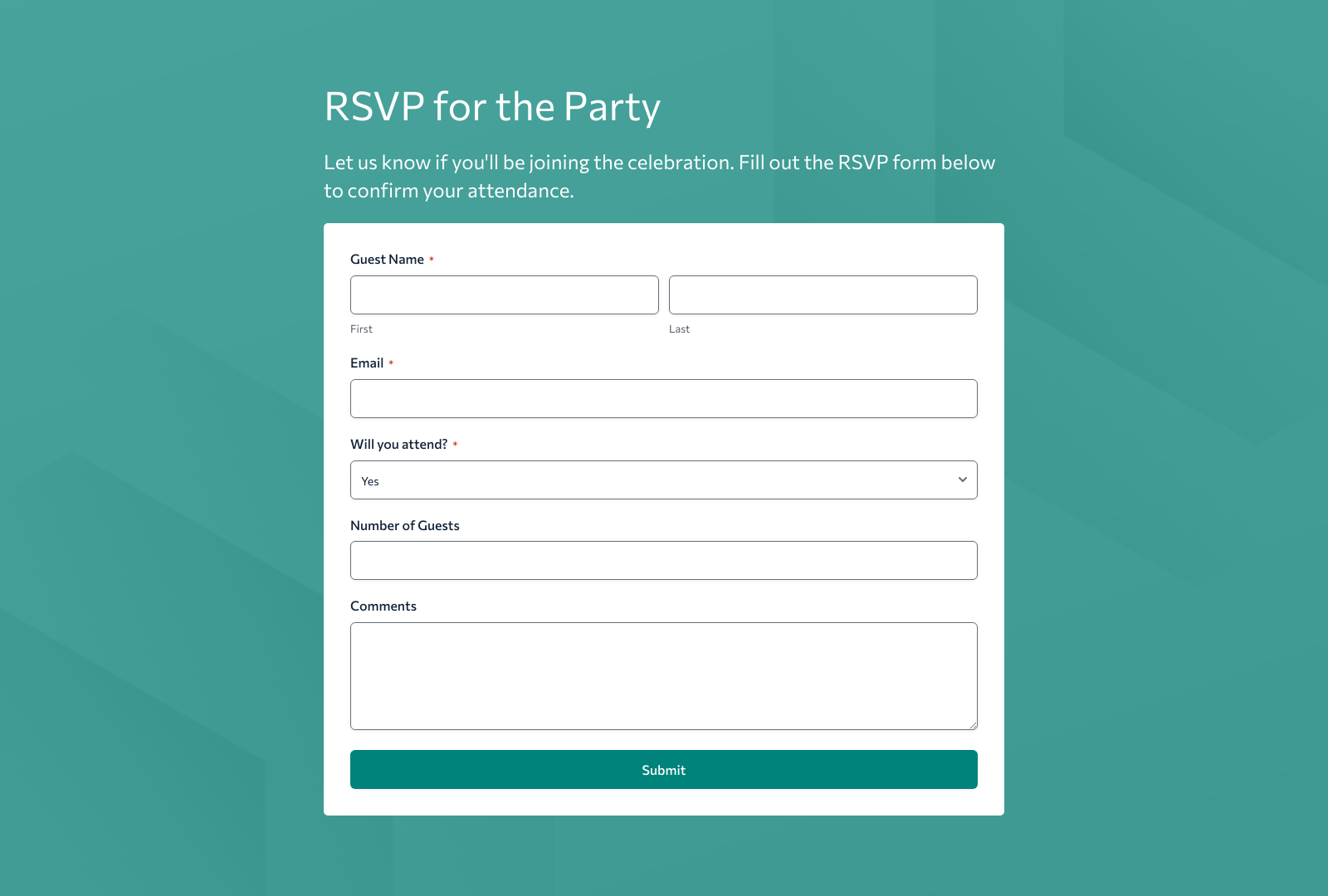 Party RSVP Form Template with fields for name, email, and attendance confirmation.