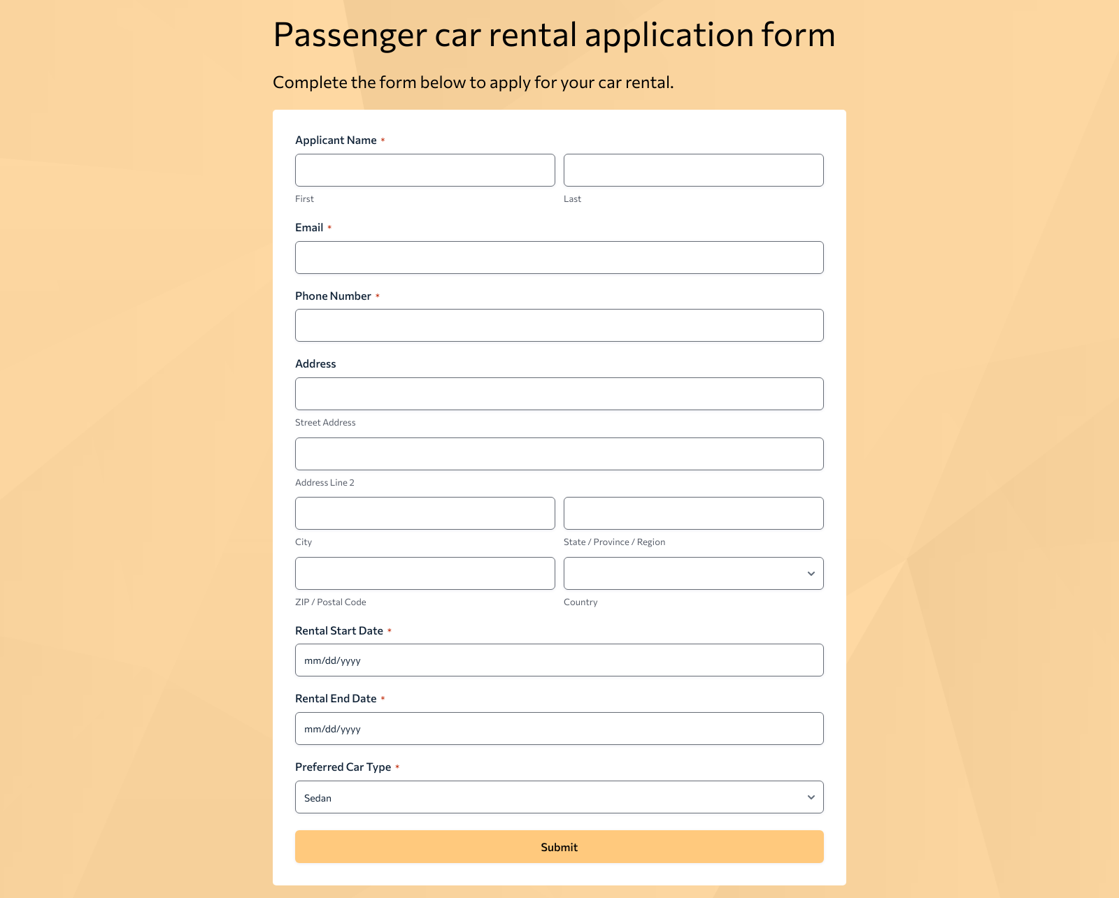 Passenger Car Rental Application Form Template with fields for customer info, rental details, and submit button.