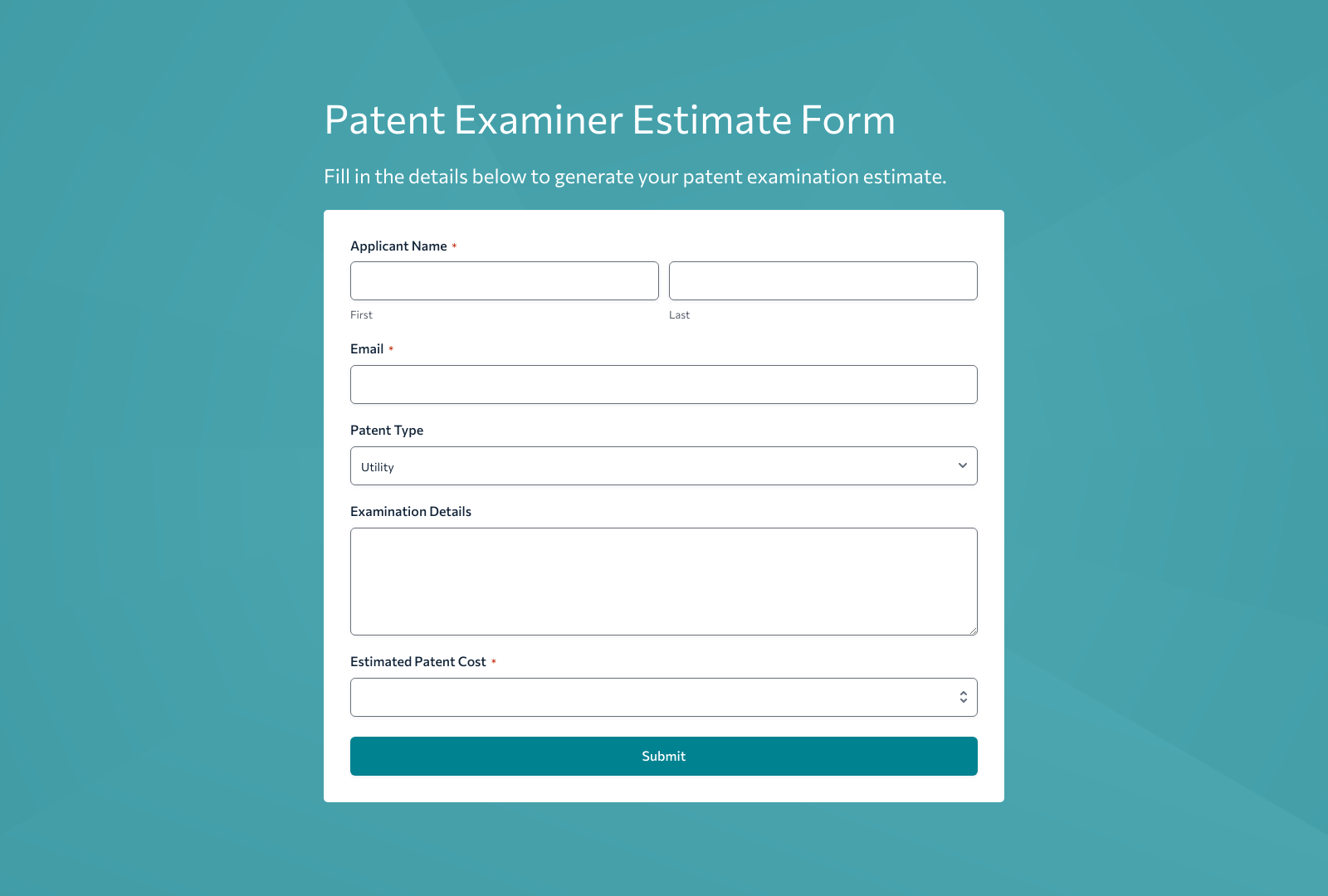 Patent Examiner Estimate Form Template with fields for examiner details and estimate inputs.