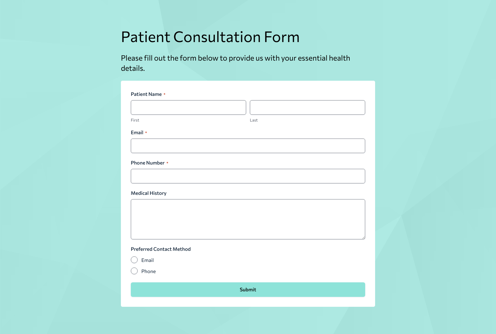 Patient Consultation Form Template with fields for personal and medical information, buttons for submission.