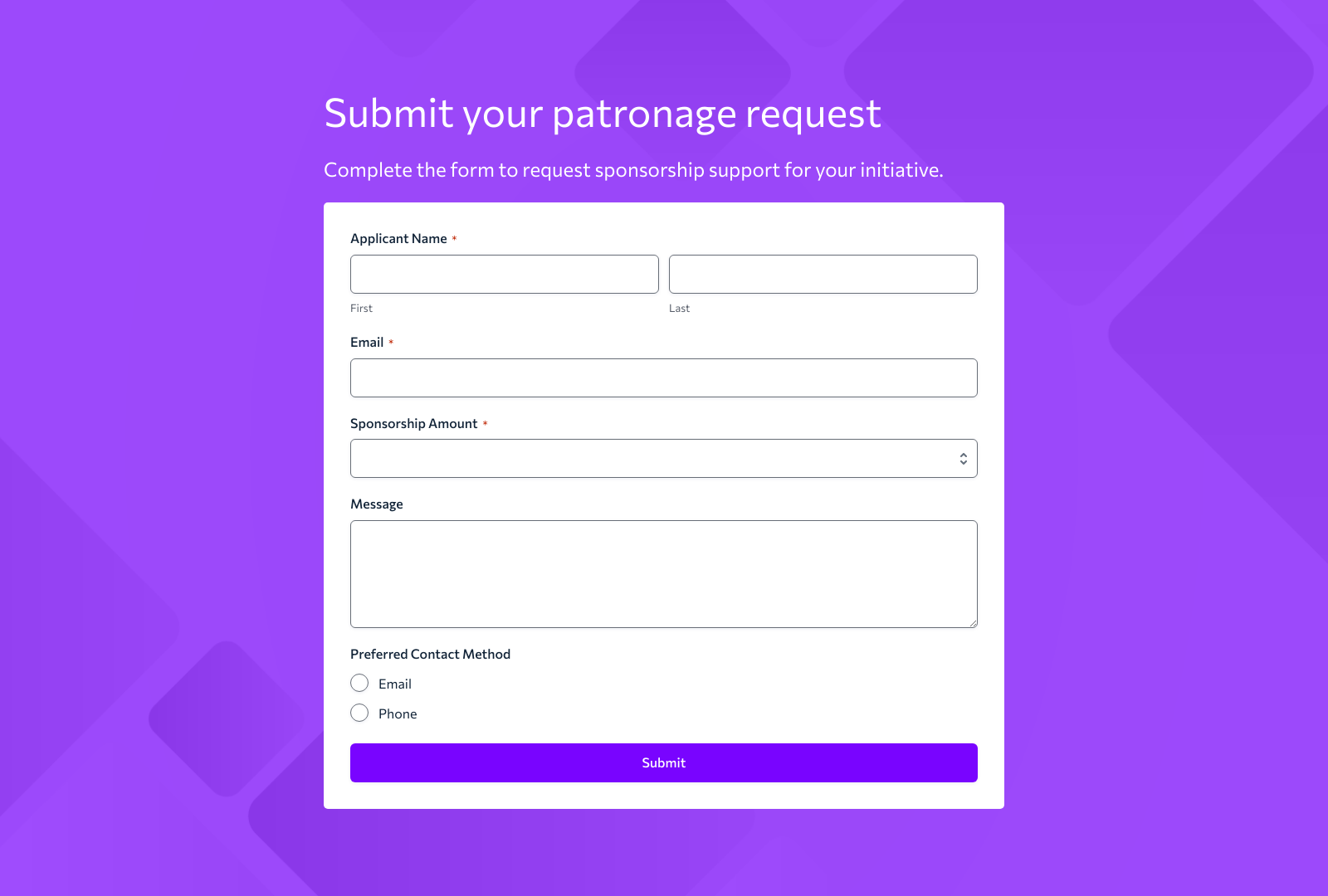 Patronage Request Form Template showing fields for sponsor details, payment options, and a submit button.