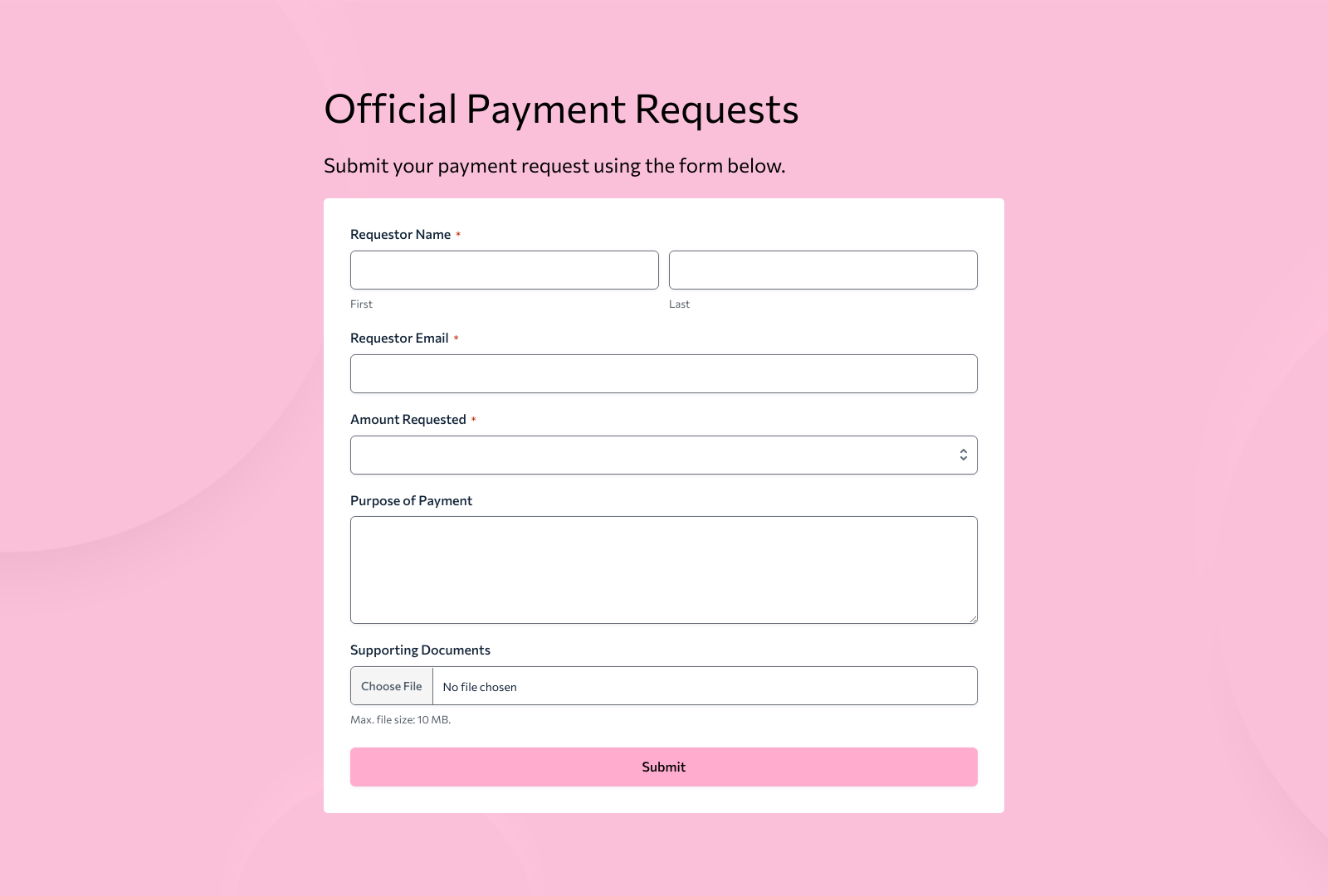 Payment Requisition Form Template with input fields and submit button for payment requests.