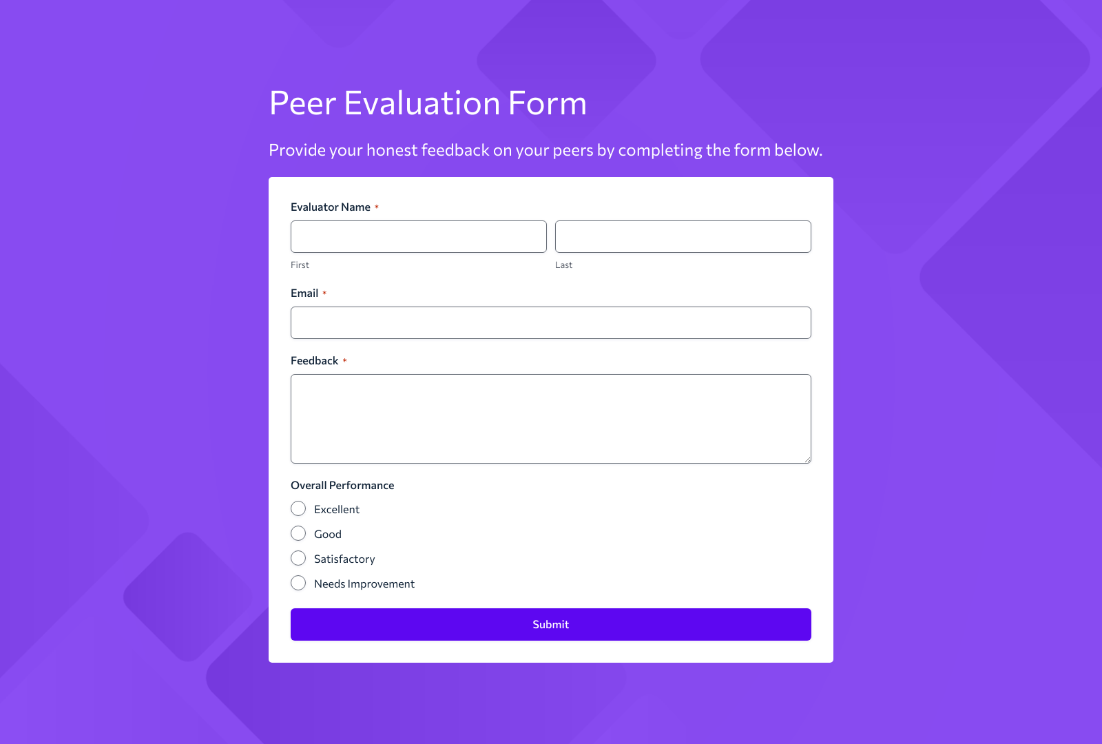 Screenshot of Peer Evaluation Form Template with customizable fields and submit button.