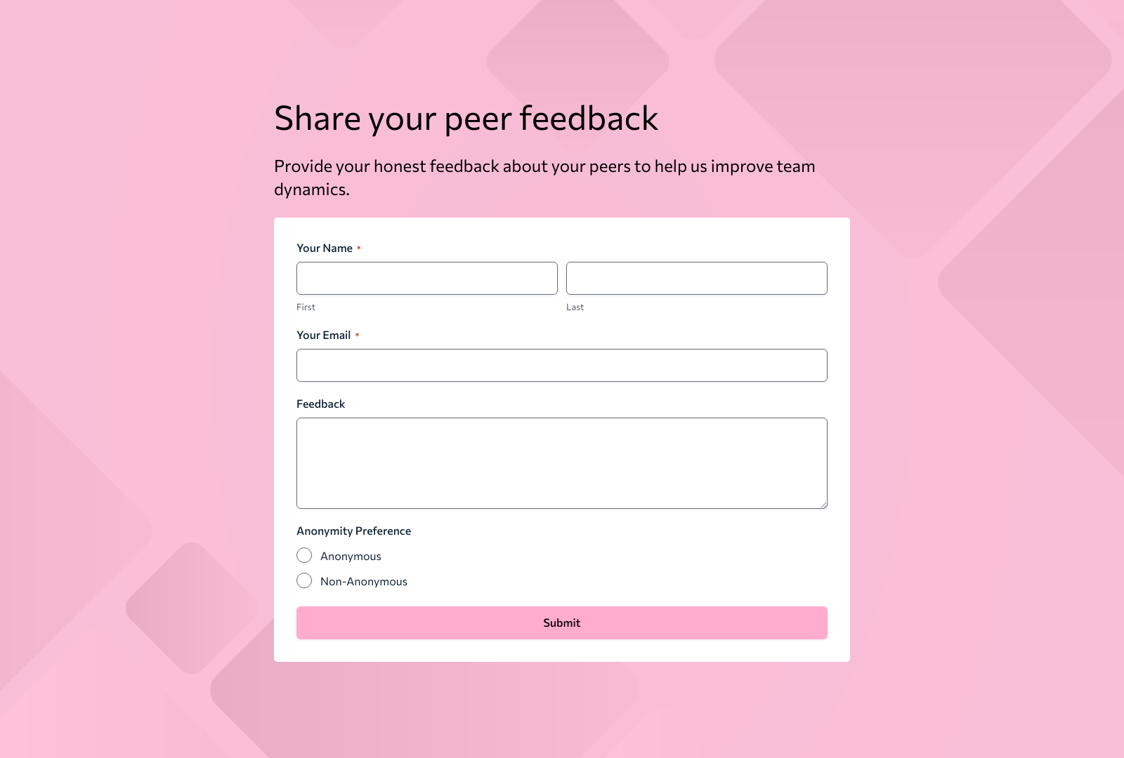 Peer Feedback Form Template showing fields for peer name, feedback, and submit button.
