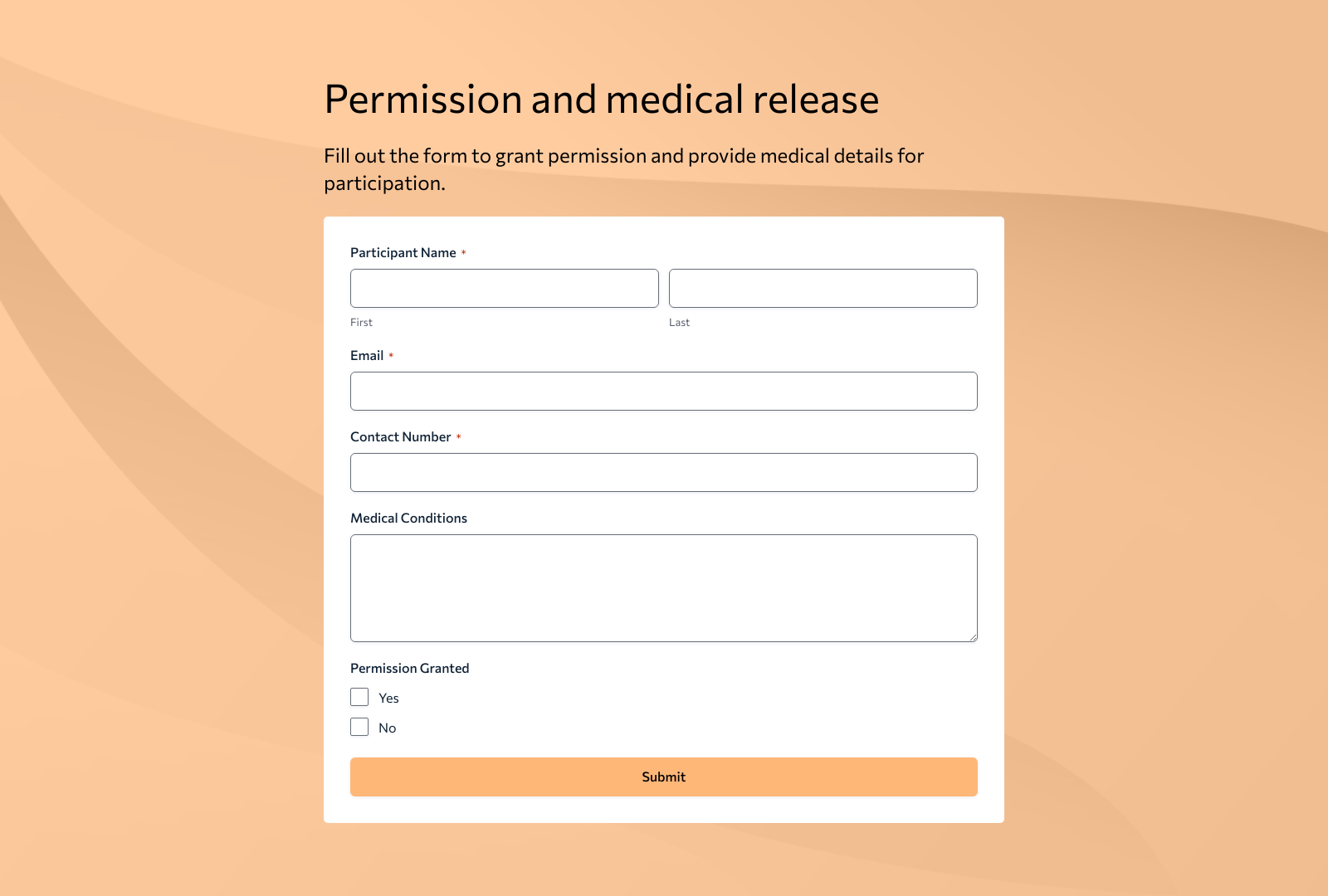 Screenshot of Permission And Medical Release Form Template with fields for personal info, consent checkboxes, and submit button.