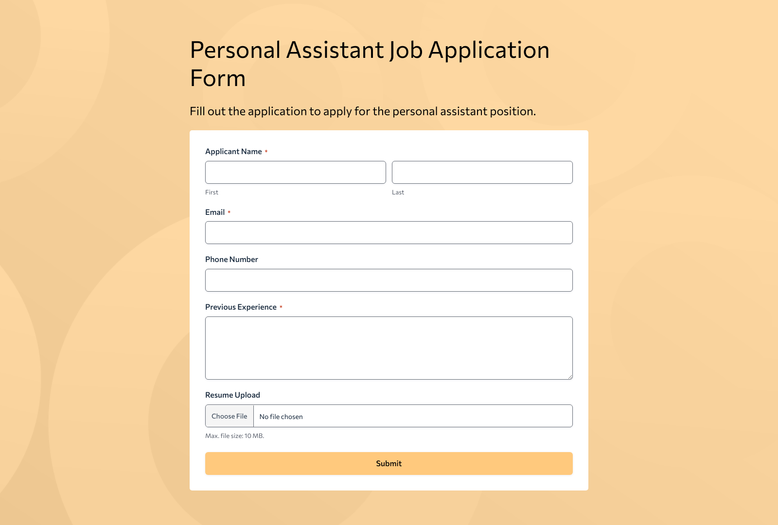 Personal Assistant Job Application Form Template with fields for name, contact details, experience, and submit button.
