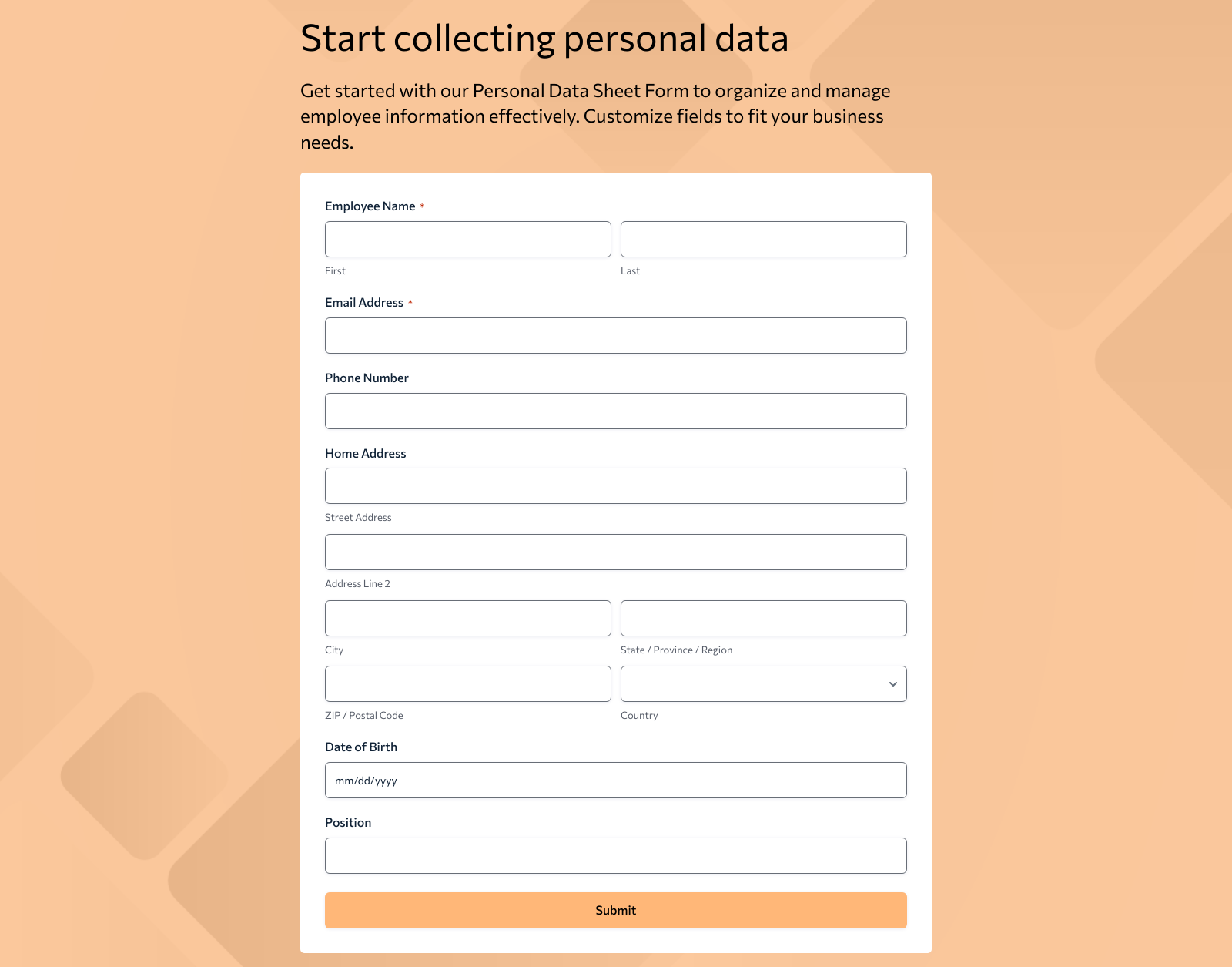 Personal Data Sheet Form Template with fields for employee data, buttons for submission, and organized layout.